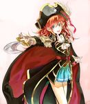  aiming arm_up belt blue_eyes cape cravat epaulettes hat hat_feather katou_marika kotarou_(rakugaki_shirushi) long_hair miniskirt_pirates open_mouth pirate pirate_hat red_hair saber_(weapon) sheath simple_background skirt skull_and_crossbones smile solo sword weapon 