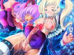  2girls alice_(wonderland) alice_in_wonderland animal_ears aomidori blonde_hair blue_eyes breasts cat_ears cat_paws cat_tail censored cheshire_cat cum cum_on_body cum_on_breasts cum_on_upper_body dress erect_nipples eyes_closed facial futanari highres large_penis long_hair masturbation nipples open_mouth paws penis personification purple_hair pussy smile tail tongue torn_clothes twintails yuri 