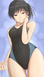  akito_(akitotika) amagami black_eyes black_hair breasts competition_swimsuit grin hips looking_down medium_breasts one-piece_swimsuit ponytail smile solo swimsuit towel tsukahara_hibiki wide_hips 