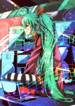  ahoge boots computer green_hair hatsune_miku headphones highres laptop long_hair musical_note sitting skirt solo speaker striped striped_legwear thigh_boots thighhighs tom_(drpow) very_long_hair vocaloid 