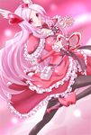  bad_id bad_pixiv_id black_legwear breasts choker cure_passion dress eyelashes fresh_precure! frills hair_ornament harp head_wings heart heart_hair_ornament higashi_setsuna high_heels highres instrument kojikoji long_hair magical_girl medium_breasts pantyhose pink_background pink_hair precure red_dress red_eyes ribbon shoes solo tiara white_choker 