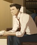  belt black_hair book bookshelf brown_eyes couch denim door ears gb_(doubleleaf) gyakuten_saiban jacket jeans male_focus naruhodou_ryuuichi necktie pants shirt sitting solo spiked_hair 