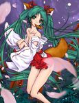  animal_ears bare_shoulders breasts cleavage collarbone fox_ears fox_tail full_moon green_eyes green_hair hakama_skirt hatsune_miku japanese_clothes legs long_hair medium_breasts miko moon mouth_hold necktie nick_nihura off_shoulder paw_pose petals solo tail twintails very_long_hair vocaloid 