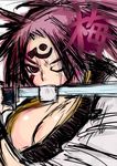  baiken breasts cleavage facial_tattoo guilty_gear ichigai_(hayawossan) japanese_clothes katana kimono large_breasts long_hair mouth_hold one-eyed open_clothes open_kimono pink_hair red_eyes scar scar_across_eye solo sword tattoo weapon 