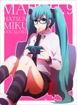  aqua_eyes aqua_hair bespectacled character_name glasses handheld_game_console hatsune_miku kneehighs long_hair mohi_(neku_re) mouth_hold necktie playstation_portable sitting skirt solo striped striped_legwear twintails very_long_hair vocaloid 