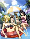  absurdres akiyama_yukiko ban_yukiko bare_shoulders barefoot beach_umbrella beelzebub_(manga) bikini black_eyes black_hair blonde_hair bow braid breasts brown_eyes casual_one-piece_swimsuit chain-link_fence cleavage cloud competition_swimsuit day dress drink dutch_angle face_mask fence flower front-tie_top green_eyes hair_bow hair_flower hair_ornament hair_over_one_eye hanazawa_yuka hands_on_hips highres hilda_(beelzebub) innertube kunieda_aoi large_breasts long_hair lowleg lowleg_bikini mask mole multiple_girls navel official_art one-piece_swimsuit oomori_nene open_mouth orange_hair outdoors palm_tree parasol polka_dot polka_dot_bikini polka_dot_swimsuit pool poolside purple_hair red_hair refraction short_hair sideboob sitting sky smile soaking_feet surgical_mask swimsuit table tanimura_chiaki tree umbrella water 