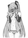  absurdres blush detached_sleeves greyscale hatsune_miku highres long_hair monochrome navel necktie no_pants open_clothes open_shirt panties shirt side-tie_panties simple_background sketch solo striped striped_panties sweat taki_minashika twintails underwear very_long_hair vocaloid white_background 