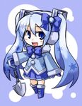  blue_eyes blue_hair blush_stickers boots chibi coat earmuffs hatsune_miku kugelschreiber long_hair open_mouth shovel skirt snowflakes solo twintails very_long_hair vocaloid yuki_miku 