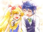  1girl :d astarotte_ygvar bad_id bad_pixiv_id blonde_hair blue_dress blue_hair blush closed_eyes detached_collar dress eyebrows_visible_through_hair facing_another fang formal hair_ribbon laughing long_hair lotte_no_omocha! mutou_mato necktie open_mouth pointy_ears ribbon shirt smile strapless strapless_dress suit touhara_naoya twintails waistcoat white_shirt 
