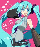  39 aqua_eyes aqua_hair bare_shoulders dated detached_sleeves exion_(neon) hatsune_miku long_hair mikupa musical_note open_mouth simple_background skirt solo twintails very_long_hair vocaloid 