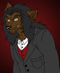  black_hair brown_fur canine claws clothed clothing count_ramsely_von_olaf fangs fur glowing glowing_eyes hair isabellaprice male mammal solo undead vampire vest were werewolf yellow_eyes 
