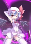  arm_up armpits bat_wings blue_hair cicin elbow_gloves fang frills gloves one_eye_closed panties pantyshot polearm pose red_eyes remilia_scarlet short_hair smile solo spear striped striped_panties thighhighs touhou underwear weapon white_legwear wings 