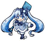  blue_eyes blue_hair boots bow chibi full_body hatsune_miku headset long_hair mittens open_mouth sanari_(quarter_iceshop) shovel simple_background snow_shovel solo twintails very_long_hair vocaloid white_background yuki_miku 