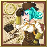  alternate_costume arm_up backpack bag blue_eyes blue_hair breasts frame gears gloves hair_bobbles hair_ornament hand_on_headwear hat inkwell kawashiro_nitori key long_sleeves looking_away lowres medium_breasts ootsue_iichi open_mouth pen pixel_art pocket_watch short_hair solo steampunk top_hat touhou two_side_up watch 