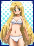  ahoge asia_argento awa bad_id bad_tinami_id blonde_hair blush bow bow_panties bra frame green_eyes halftone halftone_background high_school_dxd light_smile lingerie long_hair looking_at_viewer navel outstretched_arms panties solo spread_arms underwear underwear_only very_long_hair white_bra white_panties 
