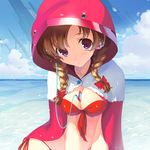  between_breasts bikini blue_flower blue_rose braid breasts brown_hair cape cleavage cloud day digital_media_player flower hair_over_shoulder headphones hood ipod long_hair masa_(masa-koba) medium_breasts ocean original purple_eyes red_bikini ribbon rose sky solo swimsuit twin_braids 