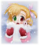  blonde_hair blush blush_stickers bunny enpera fur_coat green_eyes heterochromia lyrical_nanoha mahou_shoujo_lyrical_nanoha_vivid open_mouth red_eyes sacred_heart scarf shared_scarf shinozuki_takumi snow snowing stuffed_animal stuffed_bunny stuffed_toy sweatdrop two_side_up vivio 