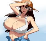  1girl breasts brown_hair cleavage female gigantic_breasts hat highres hot long_hair mound_of_venus navel no_panties open_clothes open_mouth original purple_eyes simple_background solo standing sweat tamanegiya the_page_of_boobs upper_body wink 