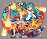  2girls :d absurdly_long_hair ahoge ankle_strap aqua_eyes aqua_nails back-to-back black_footwear black_skirt blonde_hair blush boots collared_shirt crop_top detached_sleeves dj gradient_hair green_hair grey_background hair_between_eyes hatsune_miku hatsune_miku_(vocaloid3) headset highres holding holding_microphone jewelry long_hair microphone monitor multicolored_hair multiple_girls musical_note nail_polish necklace necktie nou official_art open_mouth orange_eyes phonograph pleated_skirt pointing red_nails sandals see-through_sleeves shirt short_shorts shorts shoumetsu_toshi_2 skirt smile speaker stage_lights thigh_boots thighhighs tie_clip transparent_jacket turntable twintails very_long_hair vocaloid watermark waveform white_shirt white_shorts wristband 