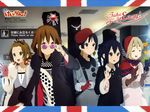  adjusting_eyewear akiyama_mio alternate_hairstyle artist_request blonde_hair blue_eyes bracelet brown_eyes brown_hair checkered coat copyright_name earrings english engrish flag_background fur gloves guitar_case highres hirasawa_yui instrument_case jewelry k-on! kotobuki_tsumugi long_hair looking_over_eyewear multiple_girls nakano_azusa official_art polka_dot purple-tinted_eyewear ranguage ribbon sunglasses tainaka_ritsu tinted_eyewear union_jack 