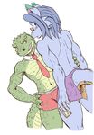  back blue blue_hair blue_skin blush clothing crocodile dragon duo eyewear gay glasses hair looking_at_viewer looking_back male muscles necktie nipples plain_background reptile scalie smile underwear white_background zenmigawa 
