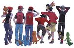  ^_^ alternate_costume animal animal_on_head animal_on_shoulder arms_behind_head arms_up back backwards_hat baseball_cap beamed_eighth_notes beanie black_gloves black_hair black_pants blue_pants brown_hair capri_pants charmander chimchar clenched_hand closed_eyes cyndaquil dual_persona eighth_note fingerless_gloves following from_behind gen_1_pokemon gen_2_pokemon gen_3_pokemon gen_4_pokemon gloves gold_(pokemon) grin hand_on_another's_shoulder hand_on_headwear hands_in_pockets hat hiyokko_ep humming interlocked_fingers jacket kouki_(pokemon) leg_hug long_sleeves male_focus multiple_boys musical_note on_head own_hands_together pants poke_ball_symbol pokemon pokemon_(creature) pokemon_(game) pokemon_dppt pokemon_frlg pokemon_gsc pokemon_hgss pokemon_on_head pokemon_on_shoulder pokemon_rgby pokemon_rse red_(pokemon) red_(pokemon_frlg) red_(pokemon_rgby) red_hat red_jacket red_scarf scarf shoe_soles shoes short_sleeves shorts simple_background smile squirtle totodile treecko walking white_background yellow_shorts yuuki_(pokemon) 