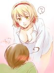  1girl ? ahoge axis_powers_hetalia belgium_(hetalia) blonde_hair blush breasts cleavage downblouse green_eyes hairband large_breasts leaning_forward moge-hera no_bra short_hair smile southern_italy_(hetalia) 