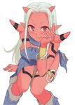  bracelet breasts dragon_quest dragon_quest_x horns hyakuen_raitaa jewelry long_hair medium_breasts ogre_(dq10) pointy_ears red_eyes red_skin simple_background smile solo white_background white_hair 