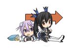  black_hair bow chibi chips d-pad d-pad_hair_ornament directional_arrow food hair_bow hair_ornament handheld_game_console highres hirahashi_matsunori multiple_girls neptune_(choujigen_game_neptune) neptune_(series) noire playstation_portable purple_eyes purple_hair red_eyes twintails 