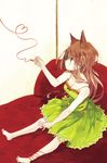  animal_ears barefoot blush breasts brown_eyes brown_hair cat_ears cleavage dress heart heart_of_string hrd long_hair looking_up original outstretched_arm pinky_out red_string sitting small_breasts solo string 