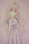  blonde_hair dress hands_clasped idolmaster idolmaster_cinderella_girls long_hair own_hands_together saionji_kotoka smile solo traditional_media watercolor_(medium) yellow_eyes yuyu_(00365676) 