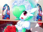  bouquet bridal_veil clothed_pokemon collarbone dress flower gardevoir gen_3_pokemon green_hair hair_ornament luvdisc milotic no_humans open_mouth pokemon pokemon_(creature) red_eyes rose smile solo tanpopo_hayabusa-maru veil wedding_dress 