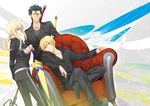  2boys ahoge artoria_pendragon_(all) avalon_(fate/stay_night) black_hair blonde_hair couch dutch_angle excalibur fate/zero fate_(series) formal gae_buidhe gae_dearg gilgamesh green_eyes lancer_(fate/zero) long_hair mole mole_under_eye multiple_boys pant_suit polearm ponytail red_eyes reverse_trap saber spear suit sword track_suit v-neck weapon xia_(ryugo) yellow_eyes 