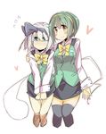  aqua_eyes blush bow brown_eyes cosplay crossover dress_shirt green_hair hairband heart idolmaster idolmaster_(classic) konpaku_youmu konpaku_youmu_(ghost) miniskirt multiple_girls otonashi_kotori otonashi_kotori_(cosplay) pencil_skirt shirt shoukei_inori skirt thighhighs touhou vest white_hair zettai_ryouiki 