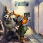  against_wall anthro arcanine bathroom blue_eyes canine cigarette clothing dog dog_tags dragonasis erection forced fur gay kneeling kravn_(character) leonardo_(character) male mammal muscles necklace nintendo pants penis pok&#233;mon pok&eacute;mon poster public rape russian_text shirt smoking text urinal video_games wolf 