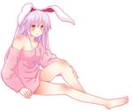  animal_ears bare_shoulders barefoot bottomless breasts bunny_ears full_body long_hair looking_at_viewer monchi_(kashiwa2519) naked_sweater no_bra no_pants off-shoulder_sweater off_shoulder pink_sweater purple_hair reisen_udongein_inaba simple_background small_breasts solo sweater touhou 