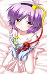  bed blush bottomless breasts cleavage collarbone from_above gonzaburo hairband heart komeiji_satori looking_up no_pants no_shoes on_bed open_mouth pillow purple_eyes purple_hair short_hair sitting small_breasts socks solo third_eye touhou wariza 