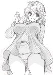  1girl antenna_hair bag bangs blush bow bow_panties breasts collared_dress commentary_request crotch_seam dress eyebrows_visible_through_hair gluteal_fold greyscale hand_up highres idolmaster idolmaster_million_live! large_breasts mitarashi_kousei monochrome navel open_mouth panties pantyshot pantyshot_(standing) polka_dot short_hair sketch solo standing toyokawa_fuuka traditional_media underwear upskirt wavy_hair 