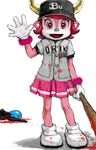  bad_id bad_pixiv_id baseball_bat blood buffalo_bell clothes_writing nippon_professional_baseball open_mouth orix_buffaloes pink_eyes pink_hair pleated_skirt pon red_eyes short_hair simple_background skirt smile solo 