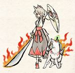  amaterasu crossover flaming_sword geta inubashiri_momiji issun kusang0u ookami_(game) parody sarashi shield style_parody sword tengu-geta touhou weapon wolf 