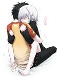  1girl accelerator albino arms_around_neck barefoot black_hair blazer blush closed_eyes flower genderswap hair_ornament hetero hug idora_(idola) jacket kamijou_touma leg_lock orgasm pants sex shirt short_hair simple_background spiked_hair straddling suzushina_yuriko tears to_aru_majutsu_no_index trembling upright_straddle vaginal white_hair 