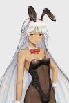  1girl altera_(fate) animal_ears armpits bangs bare_arms bare_shoulders black_leotard bow bowtie breasts bunny_ears bunny_girl bunnysuit cleavage collarbone covered_navel cowboy_shot dark_skin detached_collar fate/grand_order fate_(series) grey_background groin hand_on_hip hokori_sakuni leotard long_hair looking_at_viewer parted_lips red_eyes red_neckwear see-through sidelocks silver_hair simple_background small_breasts solo standing thighs veil very_long_hair wrist_cuffs 
