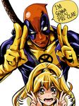  1girl blonde_hair bodysuit crossover cure_peace deadpool double_v english gloves hair_flaps hair_ornament hairpin kise_yayoi long_hair marvel mask precure shibusun smile_precure! sweat v white_background wide_ponytail 