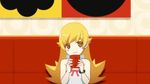  animated animated_gif blonde_hair cup drinking long_hair lowres monogatari_(series) nisemonogatari non-web_source oshino_shinobu yellow_eyes 