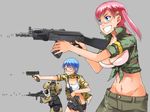  airsoft asaki_takayuki assault_rifle bad_id bad_pixiv_id blue_hair breasts cleavage crop_top front-tie_top glock goggles grey_background grin gun handgun highres large_breasts m4_carbine midriff military multiple_girls navel one_eye_closed open_clothes open_shirt original panda pink_hair pistol red_eyes rifle shirt shooting_glasses short_hair short_shorts shorts sleeves_rolled_up smile tied_shirt twintails vertical_foregrip weapon 