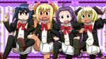  ahoge animal_ears ayase_yue beatrice_monroe bell black_hair blonde_hair braid collet_falandoll dancing dark_skin dog_ears emily_sevensheep glasses locked_arms mahou_sensei_negima! multiple_girls nichijou parody purple_eyes purple_hair pururun_z short_hair socks thighhighs twin_braids twintails 