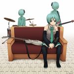  album_cover alternate_hairstyle aqua_hair bangs bare_shoulders bass_guitar bob_cut boots commentary_request couch cover cymbals detached_hair detached_sleeves drum drum_set electric_guitar green_eyes guitar hair_over_eyes hatsune_miku headset instrument jitome miniskirt multiple_girls multiple_persona necktie short_hair sitting skirt sling standing tattoo thighhighs vocaloid yajirushi_(chanoma) zettai_ryouiki 