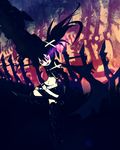  armor black_hair black_rock_shooter chain fangs huge_weapon insane_black_rock_shooter long_hair midriff purple_eyes scar shorts solo sword twintails weapon xkaishaku 