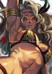  amazon_(dragon's_crown) armlet armor bikini bikini_armor blonde_hair breasts circlet close-up cover cover_page dragon's_crown feathers green_eyes large_breasts long_hair muscle muscular_female sayo_tanku solo swimsuit 