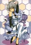  .hack// .hack//tasogare_no_udewa_densetsu adjusting_hair animal_ears brown_eyes dog_ears earrings elbow_gloves fur gloves grunty hack high_heels hoop_earrings izumi_rei jewelry necktie ouka ouka_(.hack) shoes short_hair silver_hair sitting strap 